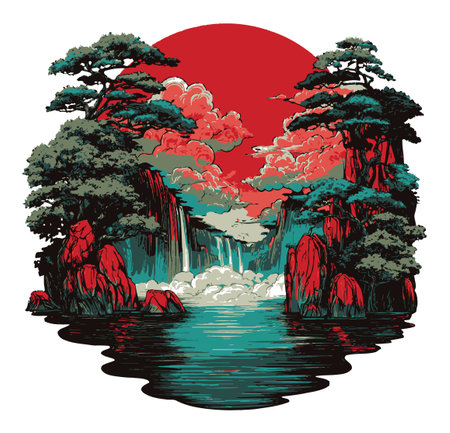 This vibrant illustration features a serene silhouette of a nature scene, showcasing a waterfall surrounded by lush trees under a striking red sun. Perfect for nature lovers.のイラスト素材