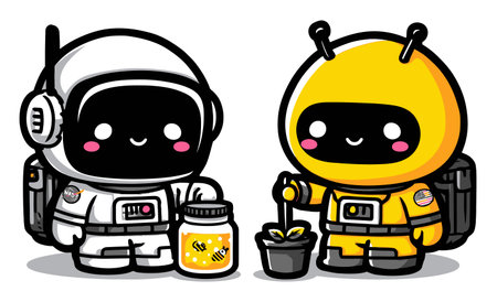Two adorable cartoon astronauts, one in white and one in yellow, engage in a joyful interaction while gardening in space, showcasing friendship and creativity.のイラスト素材