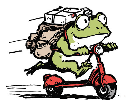 Fun and lively illustration of a frog riding a scooter with a backpack and delivery package, showcasing a whimsical and adventurous spirit in art. Perfect for playful themes.のイラスト素材