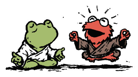 This playful illustration features a whimsical frog and a joyful character in meditation. The artwork captures fun and vibrant energy, perfect for children's themes.のイラスト素材