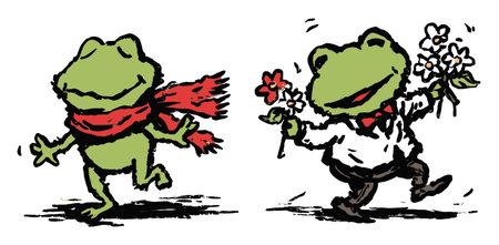 Two cheerful frogs showcase joy as they wear a scarf and hold flowers, embodying whimsy and playful artistic flair in this delightful illustration.のイラスト素材