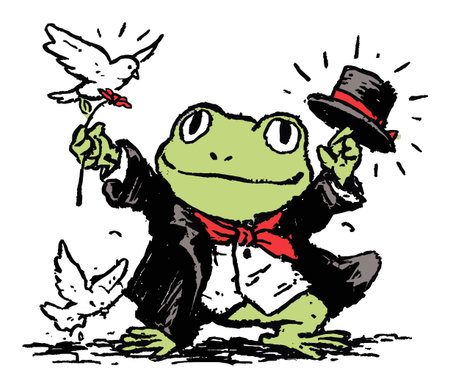 This charming illustration features a frog in a tuxedo, entertaining with birds. The playful character embodies joy and creativity, perfect for whimsical projects.のイラスト素材