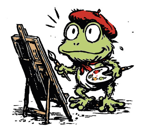 A whimsical illustration featuring a joyful frog character dressed as an artist, complete with a beret, paintbrush, and palette, ready to create art on canvas.のイラスト素材