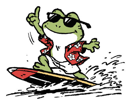 A cheerful frog wearing sunglasses enjoys surfing on a bright red board, embodying fun and adventure. Perfect for summer-themed projects or playful designs.のイラスト素材
