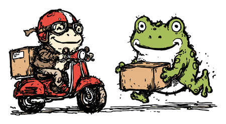 A playful illustration featuring a frog and a delivery character on a scooter, conveying a sense of adventure and camaraderie in a vibrant, whimsical style.のイラスト素材