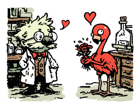 Whimsical illustration featuring a cheerful scientist and a charming flamingo, depicting love and connection with playful elements and vibrant colors. Perfect for art lovers!のイラスト素材