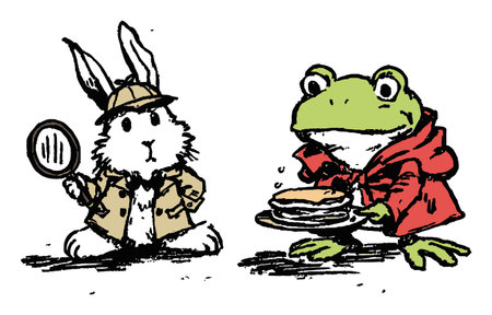 This whimsical illustration features a cute rabbit detective with a magnifying glass alongside a friendly frog serving pancakes, showcasing playful creativity.のイラスト素材