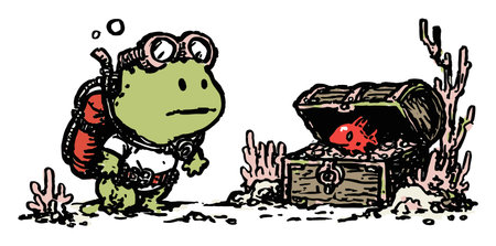 A whimsical hand-drawn illustration of a curious frog explorer discovering a treasure chest containing a vibrant red fish in an underwater scene.のイラスト素材