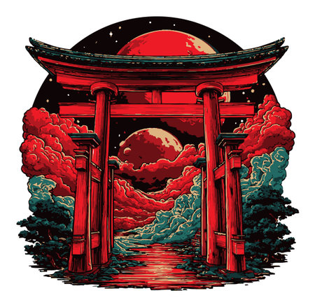 This captivating illustration features a torii gate silhouetted against a vibrant cosmic landscape, evoking feelings of peace and wonder in a dreamlike setting.のイラスト素材