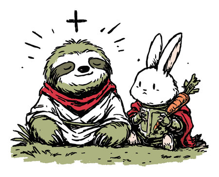 This colorful hand-drawn illustration features a cute sloth and bunny sharing a peaceful moment in nature, perfect for children's art or playful themes.のイラスト素材