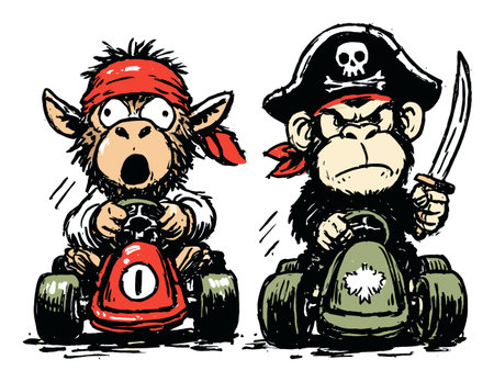 Two playful monkeys in a thrilling go-kart race, showcasing vibrant colors and whimsical expressions. Perfect for projects needing a fun and adventurous theme.のイラスト素材