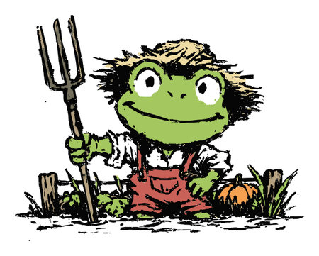A charming illustration of a green frog character wearing overalls and holding a pitchfork, set in a vibrant garden with vegetables, capturing a playful rural spirit.のイラスト素材