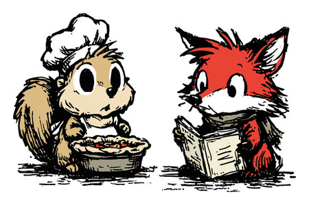 This charming illustration features a squirrel chef preparing a pie while a curious fox reads a book, showcasing creativity and friendship.のイラスト素材