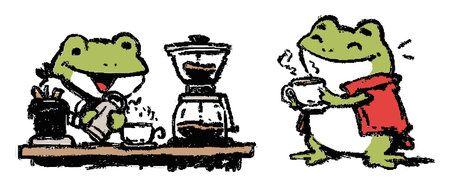 Delight in this charming hand-drawn illustration featuring cheerful frogs enjoying their coffee time. Perfect for conveying joy and warmth.のイラスト素材