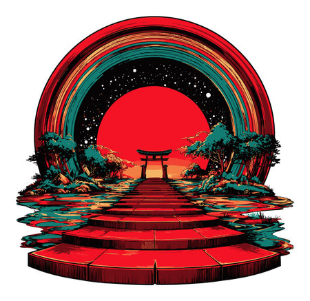 Stunning illustration featuring a torii gate silhouette set against a vibrant circular backdrop. Ideal for themes of tranquility, culture, and nature.のイラスト素材