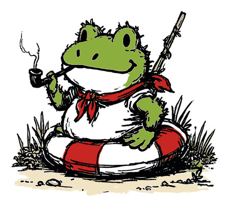 A charming illustration of a playful frog sitting on a life preserver, enjoying a pipe. This whimsical art captures a relaxed outdoor vibe, perfect for summer themes.のイラスト素材