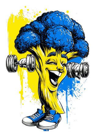 Playful illustration of a cheerful broccoli character lifting weights, combining fun and fitness with vibrant colors and a hand-drawn style. A quirky blend of humor and health.のイラスト素材
