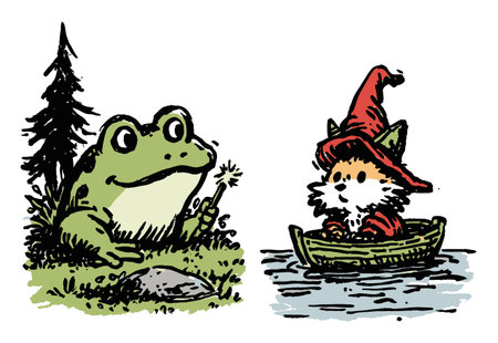Delight in this whimsical illustration showcasing a friendly frog on land and a cheerful cat in a boat, capturing a magical moment in nature.のイラスト素材