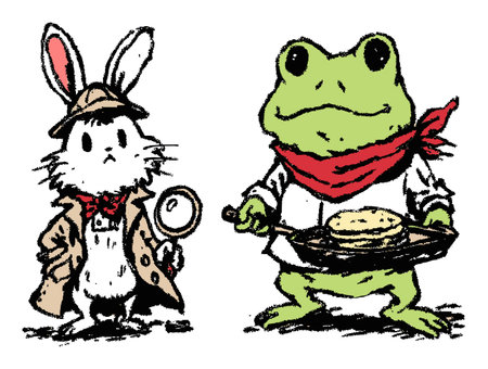 Delight in a charming hand-drawn illustration featuring a rabbit detective and a frog chef serving pancakes, embodying playful whimsy and creativity.のイラスト素材
