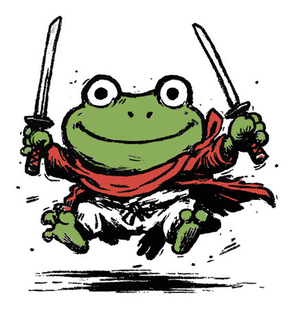 A cheerful frog dressed as a warrior leaps with excitement, holding swords aloft. This whimsical illustration captures playful energy and adventure, perfect for childrens themes.のイラスト素材