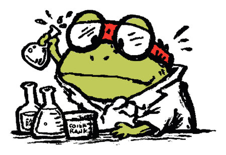 This creative illustration features a whimsical cartoon frog wearing a lab coat and glasses, joyfully experimenting with beakers, perfect for educational or playful themes.のイラスト素材