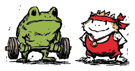 Whimsical illustration of a muscular frog lifting weights alongside a cheerful character, capturing the essence of playful strength and fitness in a fun design.のイラスト素材