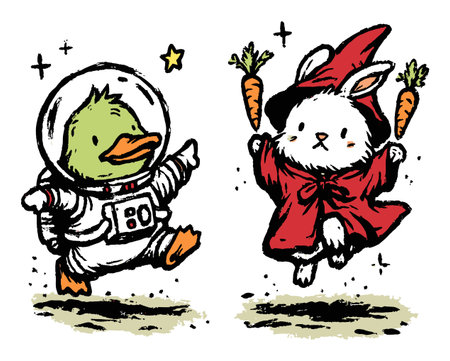 Charming illustration featuring a playful duck in an astronaut suit alongside a rabbit wearing a red cloak. Both characters joyfully hold carrots against a whimsical cosmic background.のイラスト素材