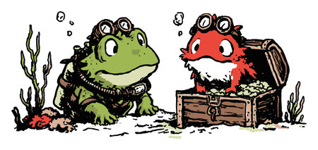 This whimsical hand-drawn illustration features two charming frogs with goggles, discovering a treasure chest underwater. The vibrant colors and playful design evoke a sense of adventure and curiosity.のイラスト素材