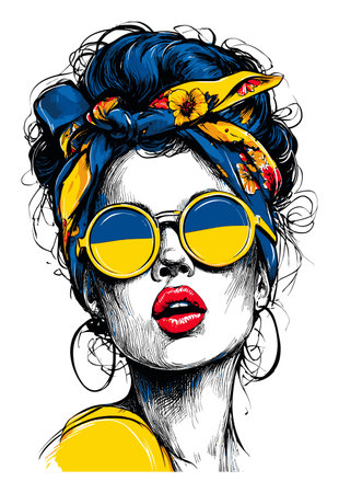 This vibrant hand-drawn illustration features a stylish woman with bold accessories and expressive features, embodying artistic creativity and modern fashion.のイラスト素材