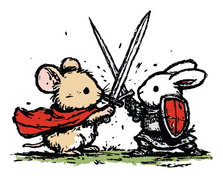 This charming illustration features a cute mouse in a red cape dueling a rabbit knight, capturing a whimsical moment of playful adventure and friendship.のイラスト素材