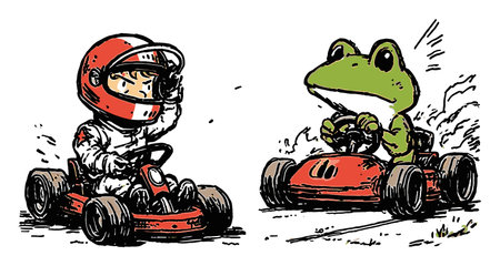 This charming illustration depicts a vibrant go-kart race between a child driver and a friendly frog. Perfect for showcasing fun, adventure, and creativity in a playful art style.のイラスト素材