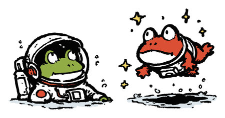 This charming hand-drawn illustration features a cute frog in an astronaut suit exploring space alongside a whimsical red space creature. Perfect for kids' art!のイラスト素材