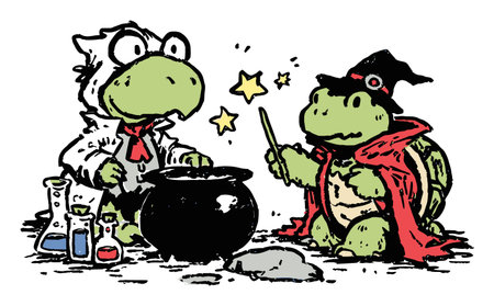 Two adorable turtles dressed as wizards create magical potions in a playful scene. This colorful illustration captures creativity and whimsy, perfect for fantasy themes.のイラスト素材