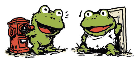 Delightful illustration of two cheerful frogs, one beside a fire hydrant and the other at a doorway. This playful artwork captures fun and whimsy, perfect for children's themes.のイラスト素材