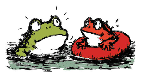 This charming illustration depicts two whimsical frogs enjoying a fun swim. The vibrant colors and playful expressions create a lighthearted atmosphere perfect for children's themes.のイラスト素材