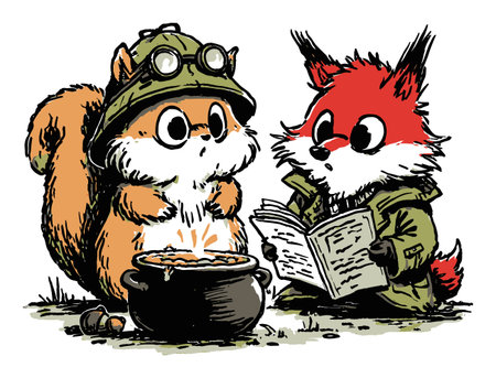 This charming illustration features a squirrel and a fox engaged in a whimsical moment together, surrounded by nature. Perfect for storytelling themes.のイラスト素材