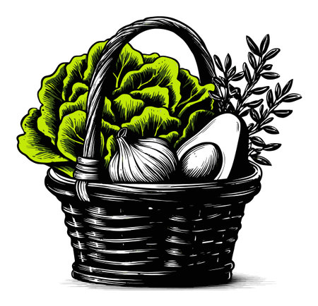 Detailed vintage illustration of a rustic basket filled with fresh vegetables and greens, perfect for culinary or gardening themes.のイラスト素材