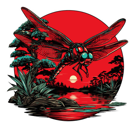 A captivating dragonfly silhouette in front of a striking red sunset, showcasing artistic nature elements and tranquil water reflections in this vibrant illustration.のイラスト素材
