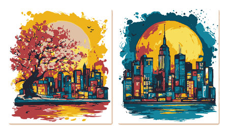 Explore a vibrant abstract illustration featuring a city skyline beside a cherry blossom tree against a colorful backdrop of moonlight and sunset.のイラスト素材
