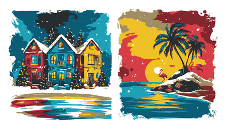 This vibrant illustration captures the contrast between tropical sunset and a snowy holiday scene, highlighting colorful houses and festive decorations in a unique artistic style.のイラスト素材