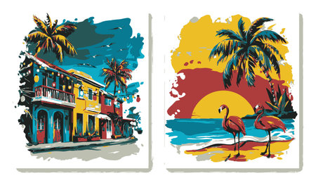 This vibrant illustration features a tropical sunset scene with flamingos and palm trees. Perfect for evoking a sense of relaxation and summer vibes.のイラスト素材