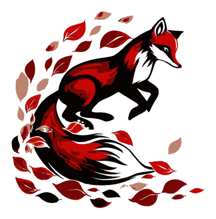This captivating illustration showcases a stylized red fox in motion, surrounded by colorful falling leaves, embodying autumn's beauty and wildlife charm.のイラスト素材