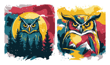 Stunning abstract owl illustrations showcase vibrant colors and bold patterns. Perfect for nature lovers and art enthusiasts, these graphics capture the spirit of wildlife.のイラスト素材