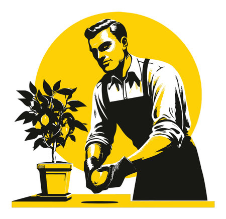 This vintage illustration features a gardener tending to a lemon plant, showcasing a blend of modern style and classic aesthetics, set against a vibrant yellow backdrop.のイラスト素材