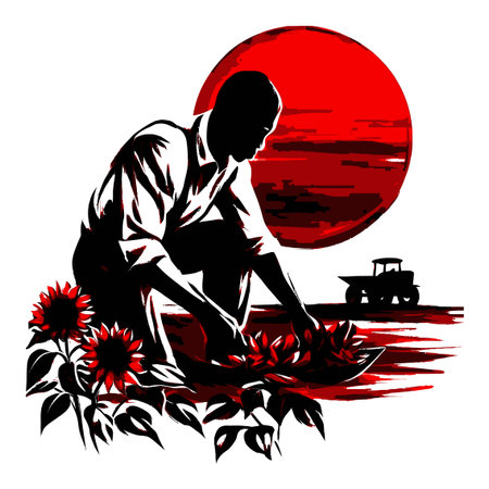 This striking illustration features a silhouette of a gardener planting sunflowers with a vivid red sunset background. The artwork captures the essence of nature and dedication in farming.のイラスト素材