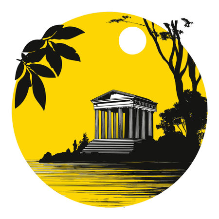 A striking black and yellow vector illustration featuring a classic temple in harmony with nature. The design evokes tranquility and ancient beauty, perfect for artistic use.のイラスト素材