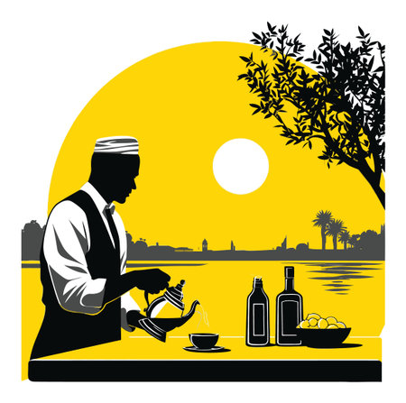 Discover an elegant silhouette of a server pouring tea against a vibrant yellow background, capturing a serene moment of hospitality and tradition.のイラスト素材