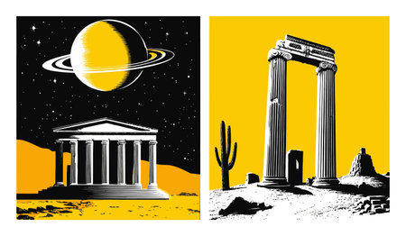 This abstract illustration features ancient architecture juxtaposed with planetary elements, creating a bold and surreal visual experience.のイラスト素材