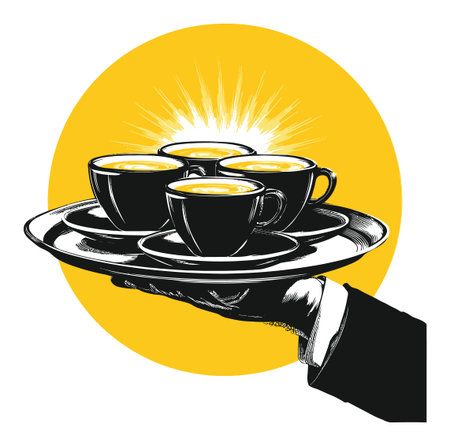 A stunning vector illustration featuring a hand holding a silver tray with four black coffee cups against a vibrant yellow sunburst background, symbolizing warmth and hospitality.のイラスト素材