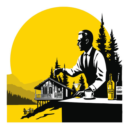 A stylish illustration depicting a bartender in silhouette, mixing cocktails at a scenic cabin with mountains and trees, embodying relaxation and leisure.のイラスト素材
